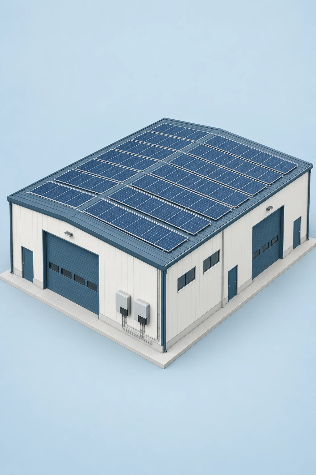 Ilustración de una nave industrial con paneles solares en cubierta, en tonos azul petróleo y blanco
