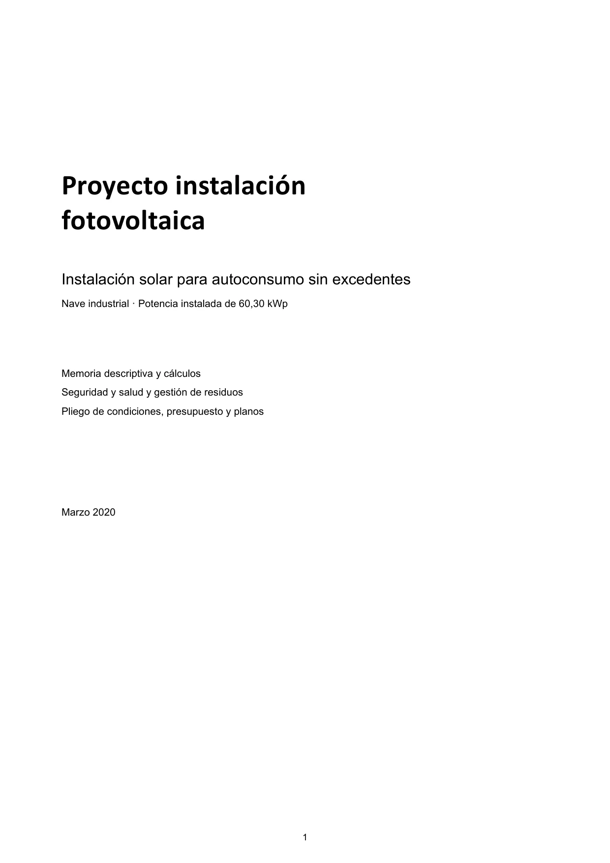 Página 1 de Proyecto instalación fotovoltaica 60.3 KW. Muestra de las 10 primeras páginas.